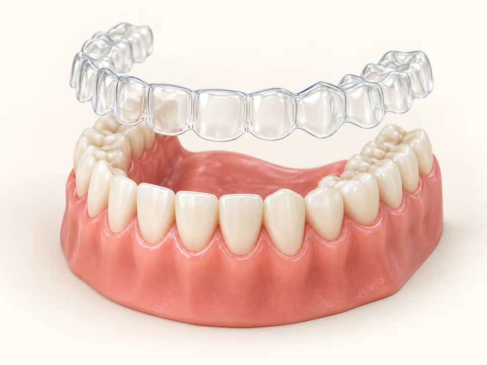 Illustration of a transparent aligner above a dental arch model