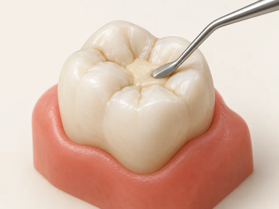 Illustration of a tooth-coloured composite filling being shaped on a molar
