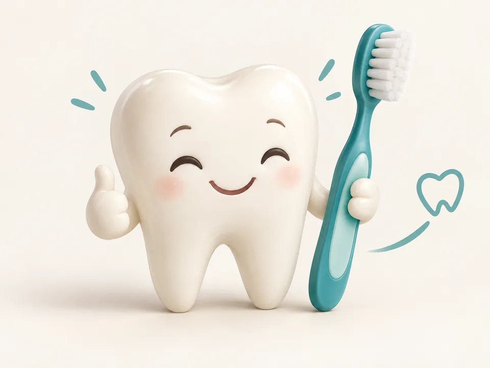 Friendly tooth character holding a toothbrush