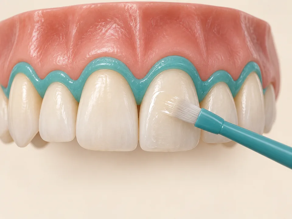 Illustration of whitening gel brushed onto a tooth with a protective barrier along the gumline