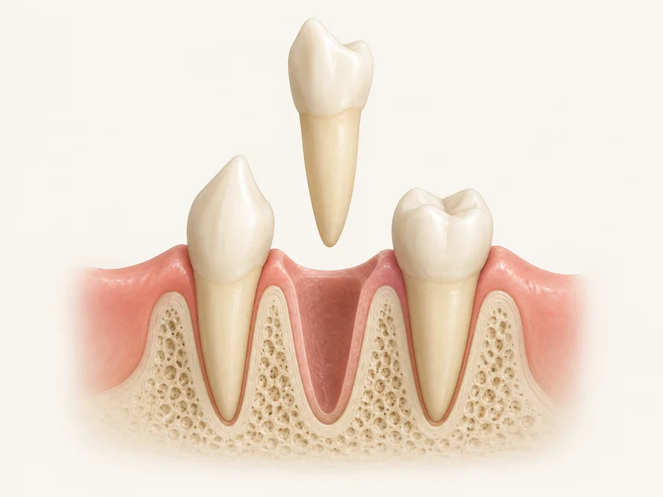 Simplified illustration of a lower first premolar lifted above its socket, between a canine and second premolar
