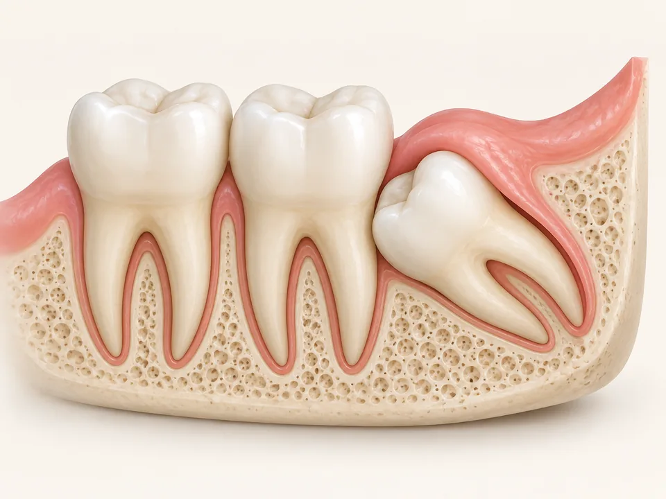 Cutaway illustration of an impacted wisdom tooth beside two molars